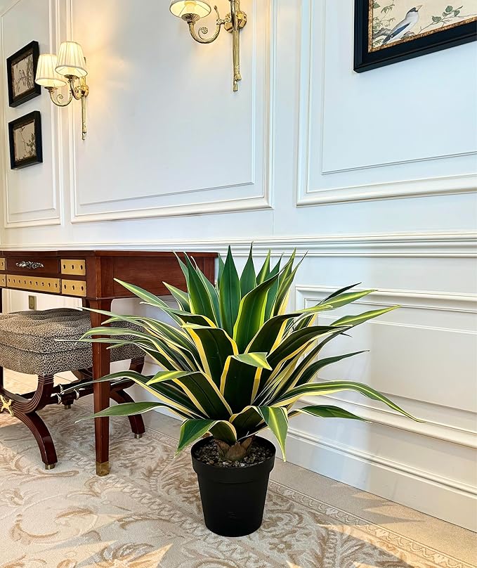 SUNPRAIRIE 34 Inch Tall Large Artificial Agave Plant in Pot with 45 Leaves, Forest Green with Yellow-Edges. Outdoor and Indoor Faux Plants.