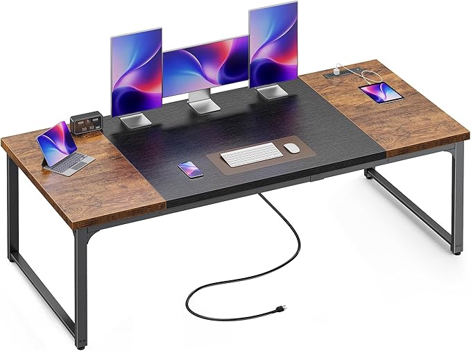 Huuger 71 x 31.5 Inch Desk with Power Outlets & USB-C, 1.2 Inch Thicker Desktop, Robust Metal Tubes, Deep Computer Desk, Heavy Duty Office Desk, Work Desk, Rustic Brown and Black