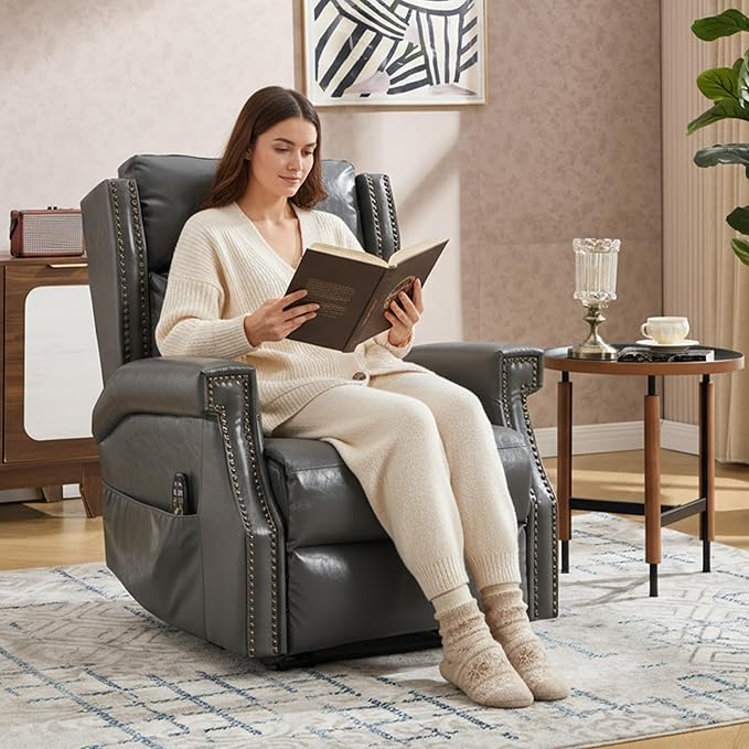 Manual Recliner Chair with Massage & Lumbar Heat, Breathable Leather Reclining Chair for Adults, Humanized Design Easy to Install Living Room Recliners Grey