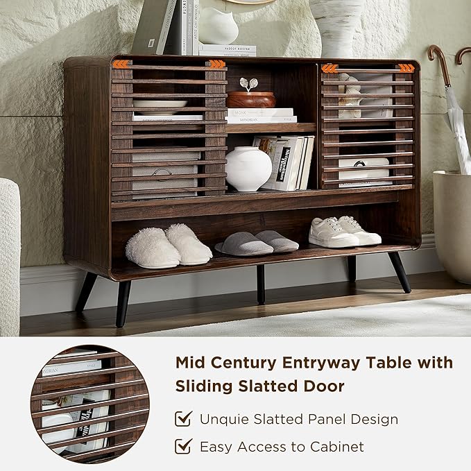 RedLemon 46" Entryway Table with Slatted Sliding Door, Mid Century Modern Console Table w/Adjustable Storage Shelf, Wood Sofa Table Behind Couch for Hallway, Living Room, Foyer, Dark Walnut