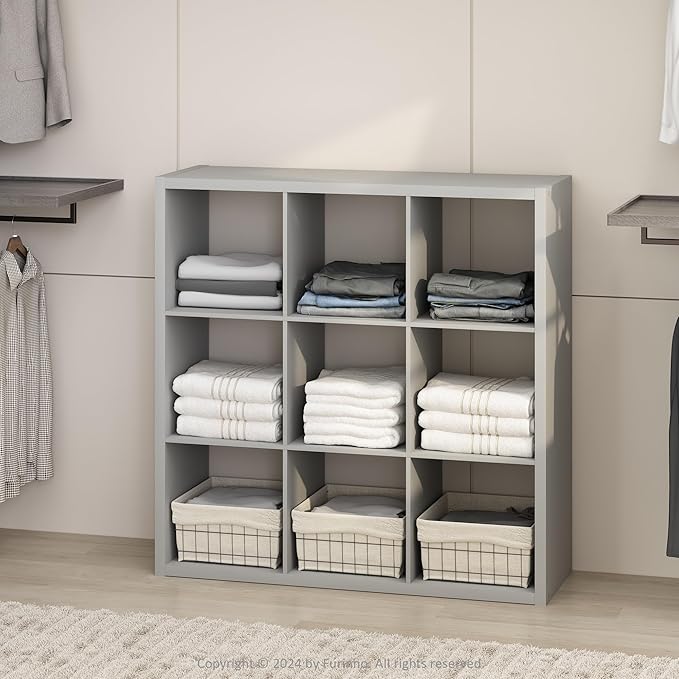 Furinno Cubic Closet Organizers and Storage, 9-Cube Closet Organizer, Open Shelf Closet Storage, Extra Thick Frame for Wardrobe, Bedroom, Living Room, Light Grey