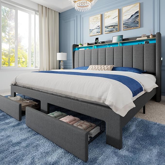 Allewie Vertical Tufted King Size Upholstered Platform Bed Frame with 2-Tier LED Storage Headboard & 2 Storage Drawers, USB & Type-C Charging Ports, Noise-Free/No Box Spring Needed, Dark Grey