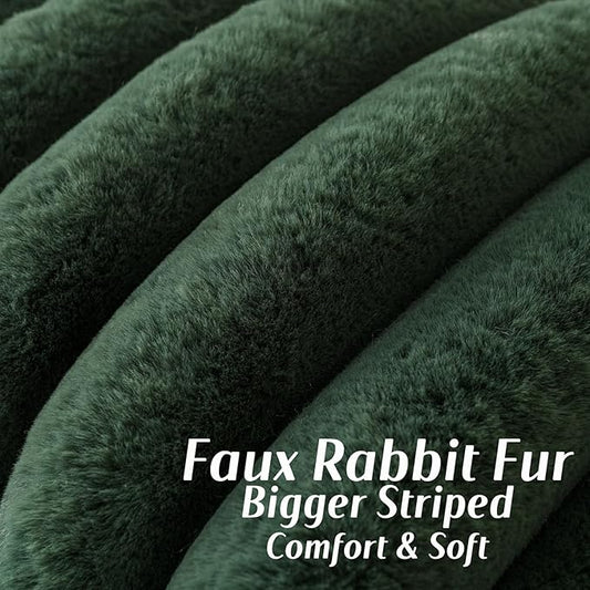 FUTEI Christmas Dark Green Decorative Throw Pillow Covers 24x24 Inch Set of 2, Square Soft Faux Rabbit Fur Thick Striped European Cushion Covers,Winter Home Decor for Couch Bed Living Room