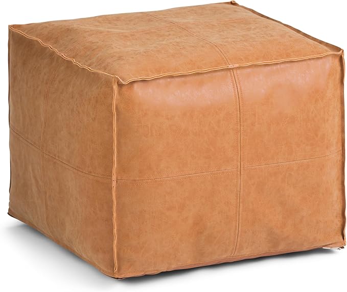 SIMPLIHOME Brody 18-inch Wide Square Pouf in Distressed Brown Vegan Faux Leather, Boho-Style Ottoman, Footstool or Extra Seating for Living Room, Assembled