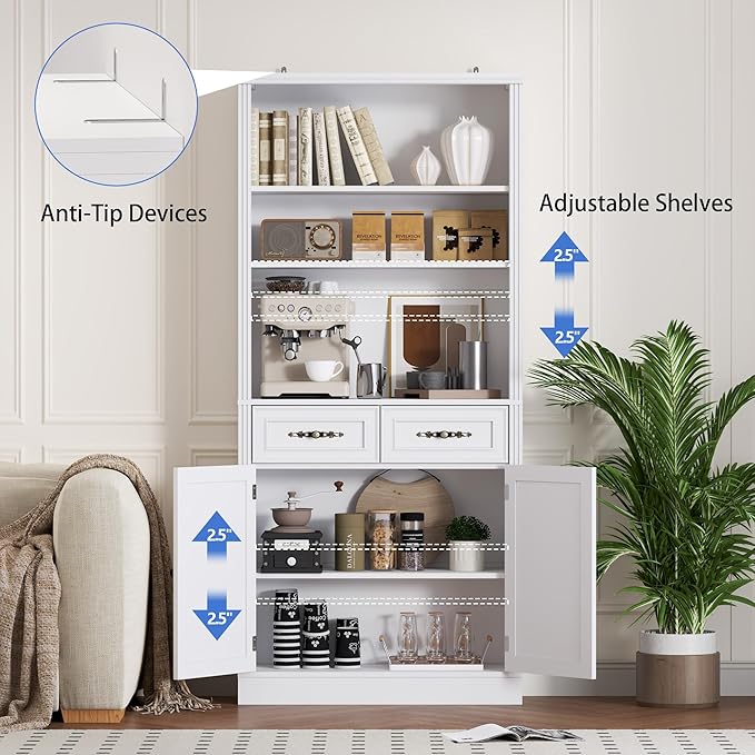 71.4" Tall Bookshelf with Drawers & Cabinet, 5-Tier Floor Standing Bookcase with Storage Doors, Adjustable Shelves & Metal Handles, 31.5" Wide Organizer for Home Office, Living Room