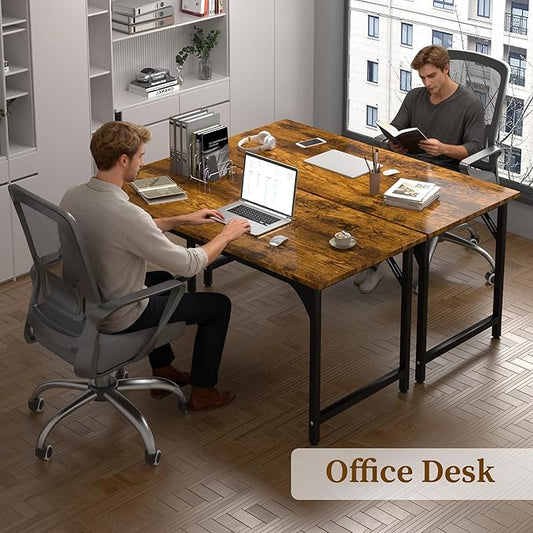 AZN Computer Desk, 55in Computer Desk, Office Desk w/Metal Frame, Office Desk w/Water-Resistant, Scratchproof Surface, Home Office Desks w/Large Legroom for Work Study Writing Gaming, Rustic Brown