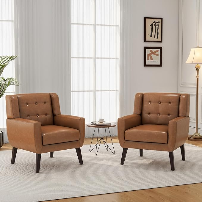 Accent Chair, Mid-Century Modern PU Leather Chairs with Arms for Living Room, Comfy Upholstered Club Single Sofa Armchair for Bedroom Waiting Room with Solid Wood Frame(Leather Brown, Set of 2)