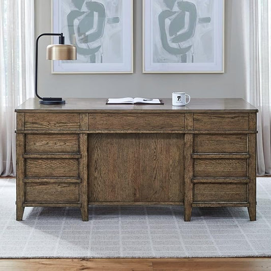 Liberty Furniture Carolina Park Jr Executive Desk with Keyboard Tray, Locking File Storage for Home Office- Amber Brown Oak Wood