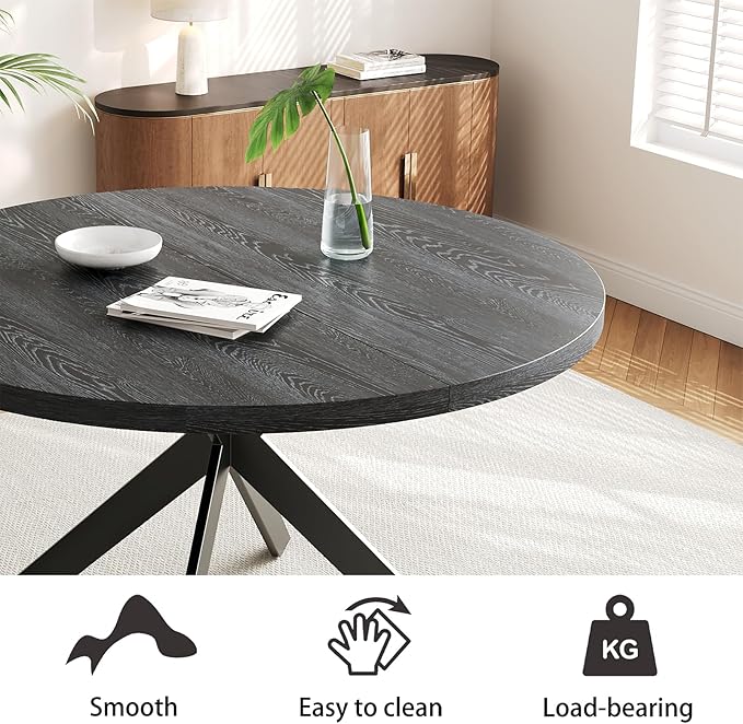 45.3" Round Dining Table & 4 PU Leather Chairs, Mid Century Modern Round Dining Table Chair Set for 4, w/Metal Legs, for Kitchen Dining Room, Living Room, Office, Save Space
