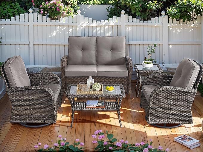 HUMMUH 5-Piece Patio Furniture Wicker Outdoor Conversation Set,All-Weather Rattan Swivel Chairs Bistro Set with Loveseat Coffee Table for Backyard,Poolside,Deck(Brown/Grey)