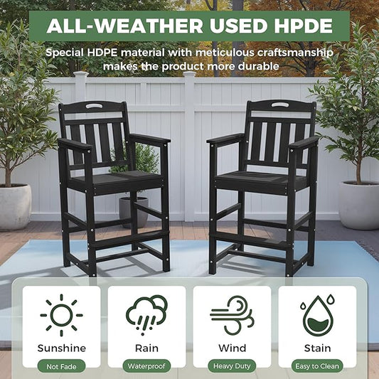 Outdoor Patio Bar Height Chair, All-Weather HDPE Tall Balcony Adirondack Stools for Bistro, Garden, Backyard, Deck | Matte Black
