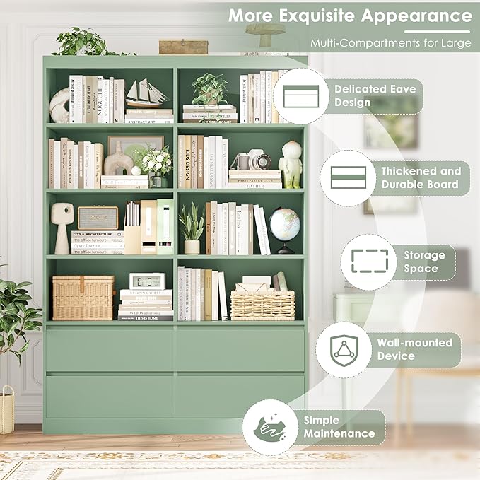 FINETONES 71" Bookshelf with Drawers, 47.3" Double Wide Bookshelves and Bookcases with Storage, Tall Bookshelf Large Open Book Shelf Standing Book Case for Home Office, Green