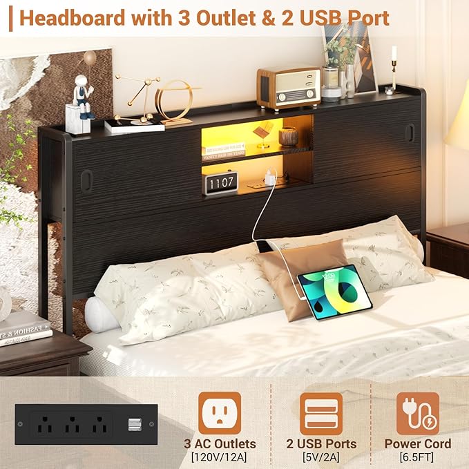 Homieasy Headboard for Full Size Bed with Storage, Sturdy Bookcase Headboards with Outlet, USB & LED Light, Full Size Headboard Only, Head Board with Sliding Doors & Bed Adapter for Bedroom, Black