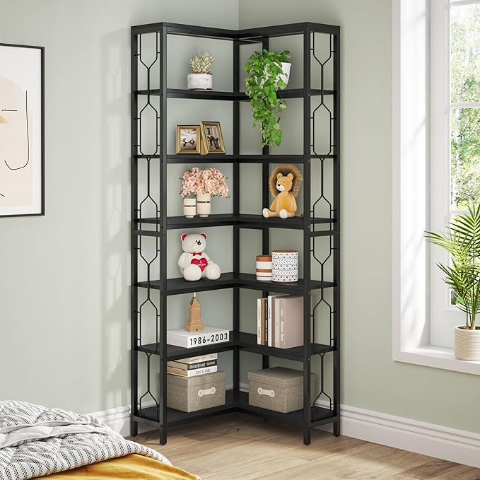 Tribesigns Corner Shelf, 7-Tier Industrial Corner Bookshelf, Wood and Metal Corner Etagere Bookcase, Freestanding Display Shelf for Living Room, Kitchen, Home Office, Black