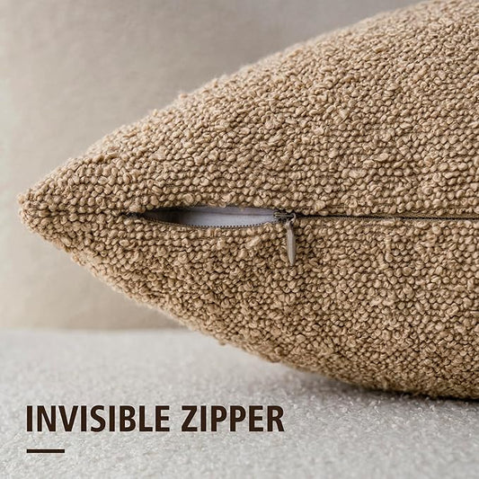 Foindtower Set of 2, Decorative Textured Boucle Throw Pillow Covers Accent Solid Pillow Cases Soft Cozy Couch Cushion Case for Chair Sofa Bedroom Living Room Home Decor 24 x 24 Inch Taupe Khaki Camel