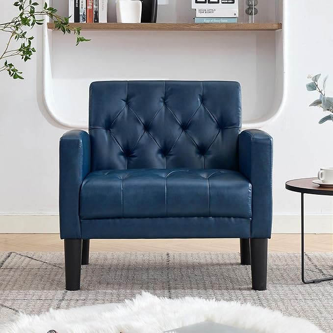 TYBOATLE Accent Chair Comfy Living Room Chair Leather Tufted Mid Century Modern Accent Chair, Small Cozy Reading Arm Chair for Office, Bedroom (1, Blue)