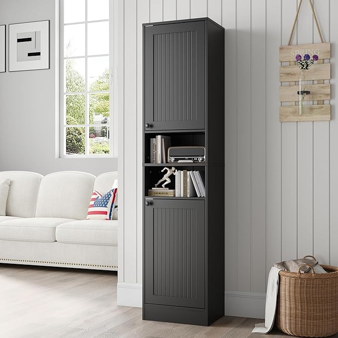 Farmhouse Bathroom Cabinet with 2 Doors, 67" Tall Slim Freestanding Cabinet, Narrow Floor Storage Unit with Open Shelf and Adjustable Shelves for Bathroom, Living Room, Kitchen, Black