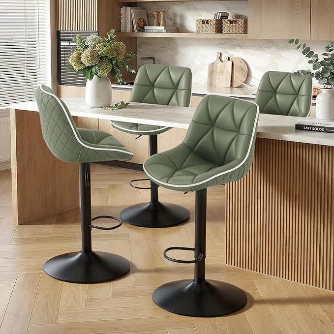 Nalupatio Bar Stools Set of 4, Adjustable Swivel Counter Height Bar Stools with Back, Armless Modern Barstools for Kitchen Island & Home Bar, Upholstered Seat,(Green)