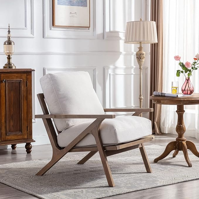 Wahson Set of 2 Mid Century Chair, Upholstered Accent Armchairs, with Wood Frame and Linen Cushions, Leisure Slipper Chair for Living Room/Bedroom, Cream