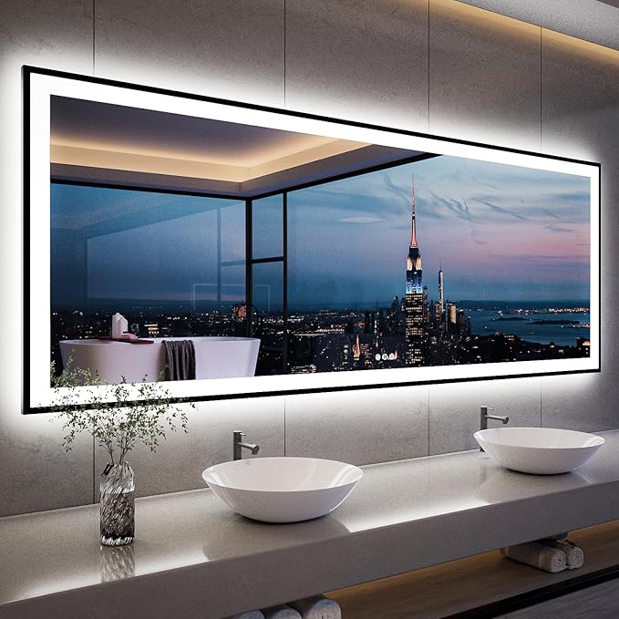 ISKM Framed LED Mirror for Bathroom 96"x36", Dimmable LED Bathroom Mirror with Lights, Anti-Fog, Front and Backlit Lighted Mirror 3-Colors, Shatterproof, Memory Function