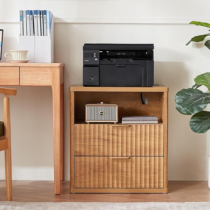 LEYAOYAO Fluted Nightstand with Charging Station, 23" Wide 2 Drawers End Table, Brown Night Stand with Open Storage Cabinet, Farmhouse Bed Side Tables, Wood Dresser for Bedroom, Living Room, Closet