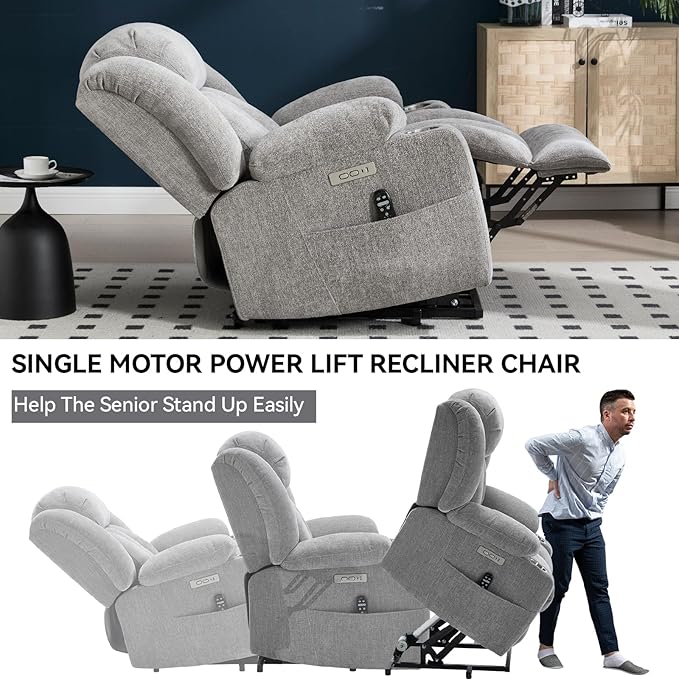 Power Lift Recliner Chair, USB/Type-C Ports & Cup Holders, Heavy Duty Chenille Recliner for Elderly, Light Grey