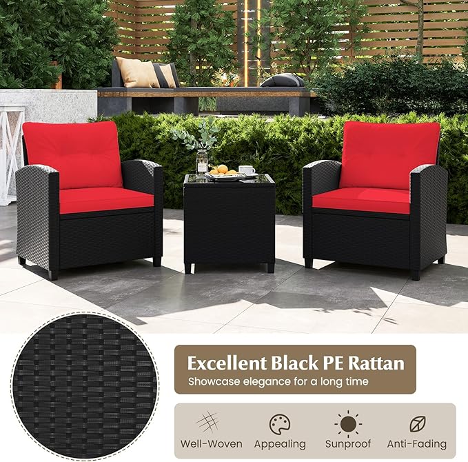Tangkula 3 Pieces Patio Furniture Set, Rattan Conversation Set w/Soft Seat & Back Cushions, Tempered Glass Topped Coffee Table, Cushioned Wicker Seating for Backyard, Porch, Poolside (Red)