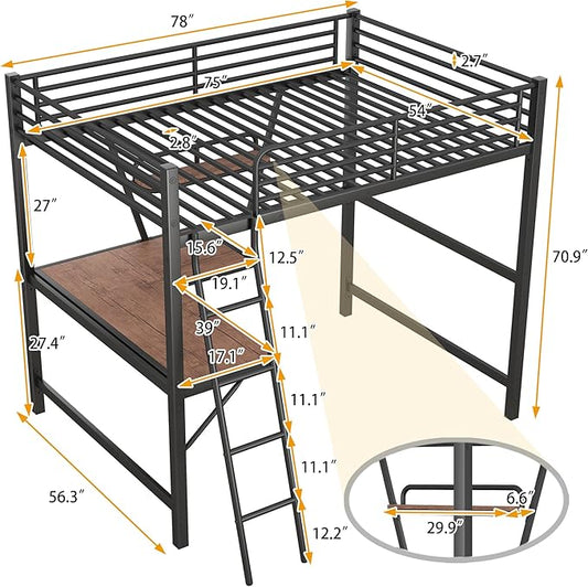 Full Size Loft Metal Bed with Desk and Shelf,Modern Bedroom Bed Frame w/Full-Length Guardrails & Ntegrated Ladder,Slat Support,for Adult Kid Boy Girl Teen,Black