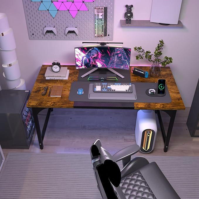 StarGraph Modern Computer Desk 55 Inch Large Office Desk with Carbon Fiber Desktop Home Office Desks with Sturdy Metal Frame Gaming Study Writing Work from Home Desks, Rustic Brown