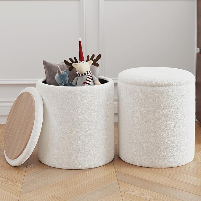 Ottoman Poufs with Storage, Set of 2 Soft Upholstered Vanity Stool,Multifunctional Ottomans Coffee Table Padded Seat Foot Rest for Living(White, Pack of 2)