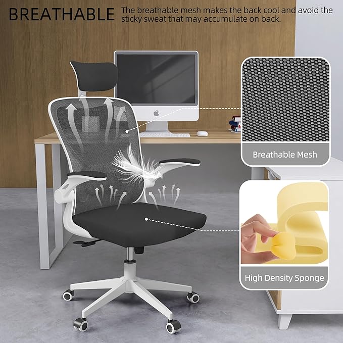 Ergonomic Office Chair, High-Back Mesh Computer Desk Chair with Adjustable Height, Lumbar Support, Flip-Up Armrests,headrest,and Swivel Rolling Design for Home and Office Use