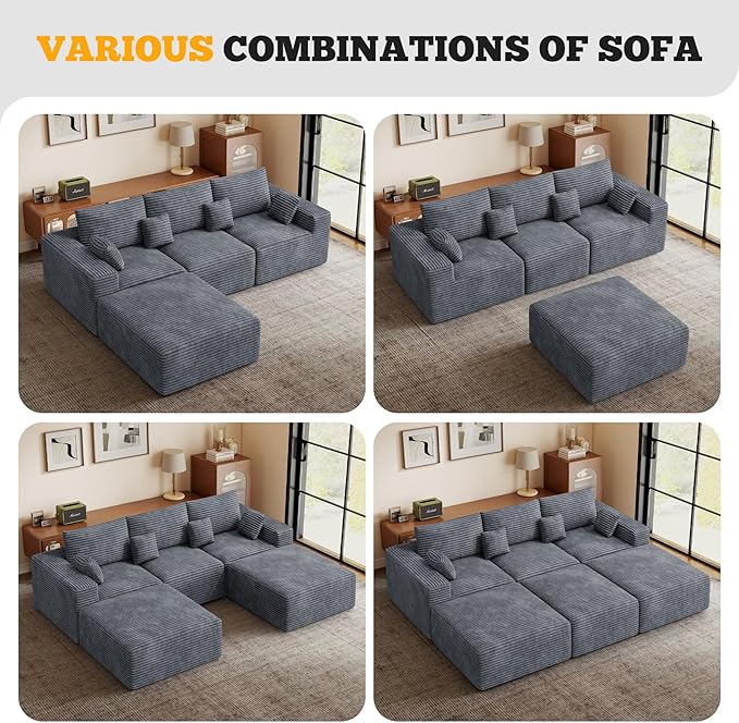 113" Modular Sectional Sofa, Convertible U-Shaped Cloud Couches for Living Room with Ottoman, 5 Seater Corduroy Boneless Couch Sofa Set, No Assembly Required, Grey 1 PCS