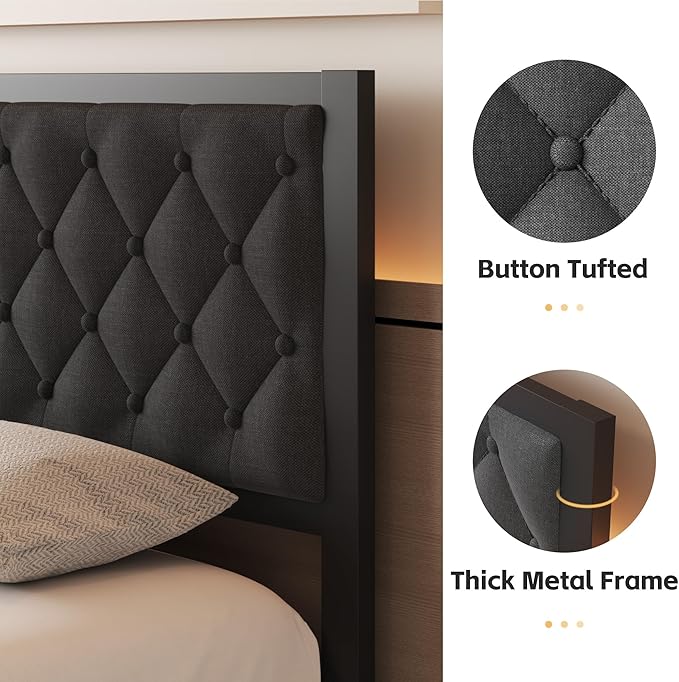 Full Bed Frame with Headboard Linen Upholstered Bed Frame Platform,All Metal Slats Support Platform Bed Frame with Storage Space,Easy Assembly,Noise Free,No Box Spring Needed,Grey
