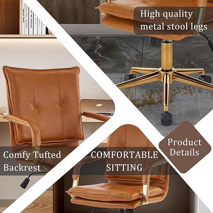 MOJAY Mid-Back Ergonomic Leather Office Chair, Modern Upholstered Executive Desk Chair with Gold Frame Armrest Computer Task Chair (Camel)