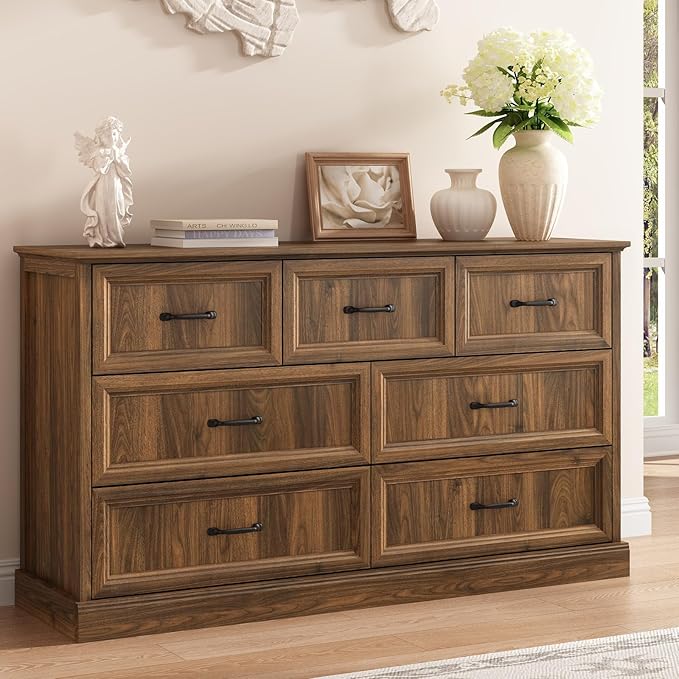 Farmhouse 7 Drawer Dresser for Bedroom, 55 Inch Wide Modern Walnut Dresser TV Stand with Large Drawers & Bar Handles, Rustic Wood Chest of Drawers for Bedroom, Living Room, Hallway, Entryway.