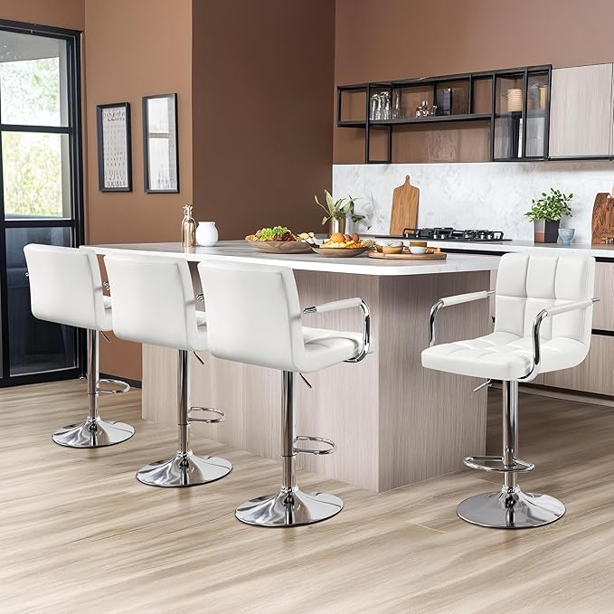 Yaheetech Bart Stools Set of 4, PU Leather Adjustable Barstools with Armrest, Counter Height Stool Chairs with Thickened Seat Cushion for Kitchen Island, White