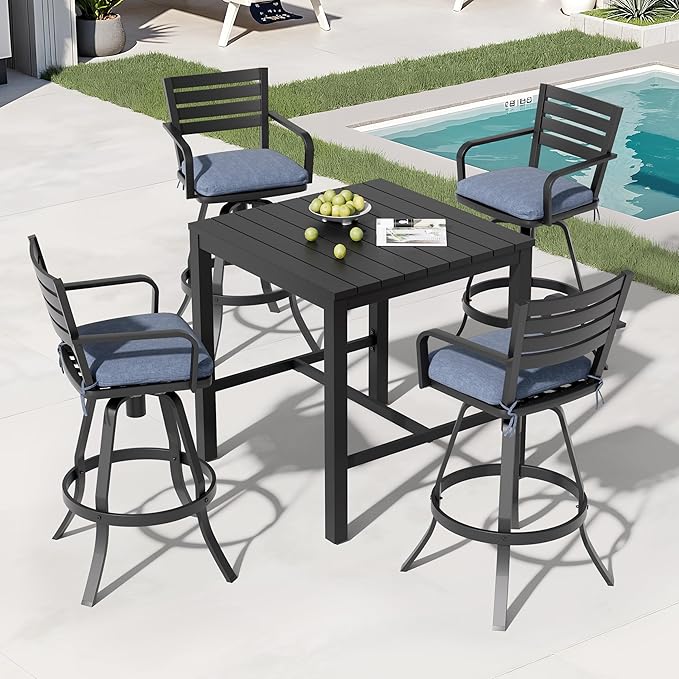 Pellebant 29.5" Outdoor Bar Stools Set of 8, Aluminum Swivel Patio Bar Height Stools with Footrest & Backrest, Rust-Proof Patio Bar Stool Chairs for Deck Backyard, Spectrum Denim
