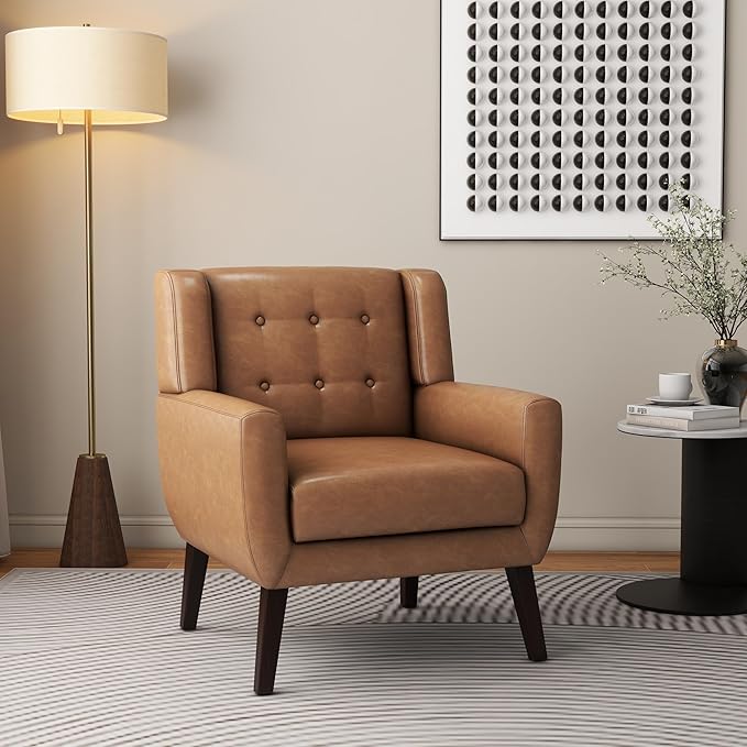 Accent Chair, Mid-Century Modern PU Leather Chairs with Arms for Living Room, Comfy Upholstered Club Single Sofa Armchair for Bedroom Waiting Room with Solid Wood Frame(Leather Brown, Set of 1)