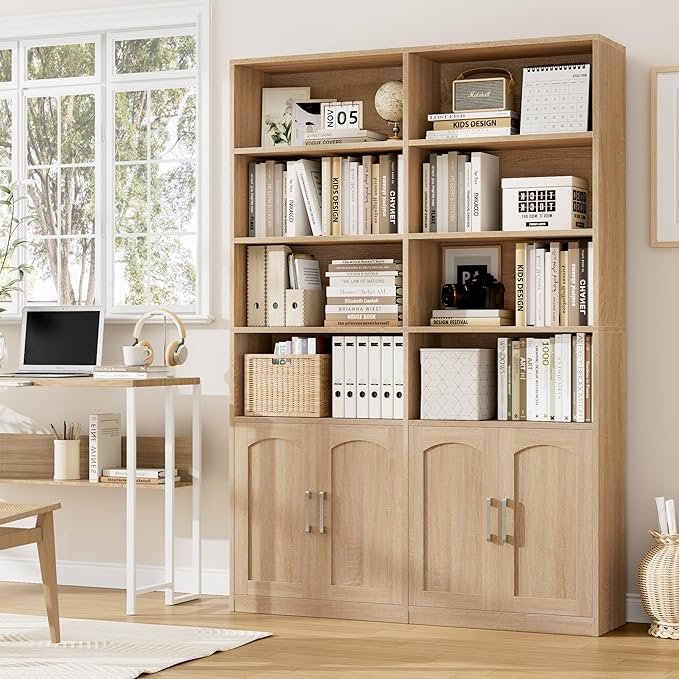 FACBOTALL Bookshelf and Bookcase with Doors, 6 Tier Double Wide Large Bookshelves, Open Display Shelves, 73'' Tall Bookshelf with Storage Cabinets for Home Office, Living Room, Library, Oak
