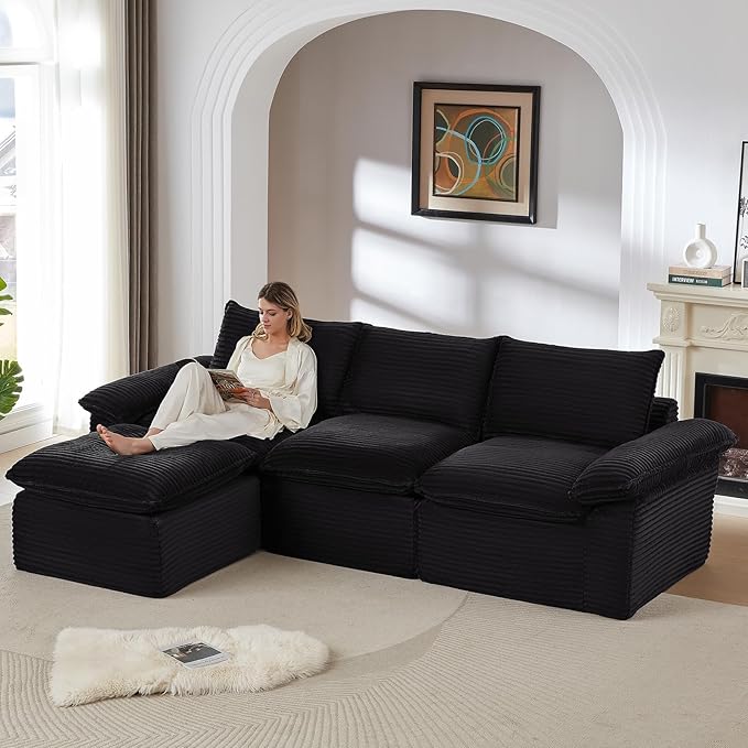 113.03" Sectional Couches for Living Room Modern Modular Sofa with L-Shape Couchs Upholstered Corduroy Boneless Couch Deep Seat Cloud Couch with Ottoman, No Assembly Required, Black