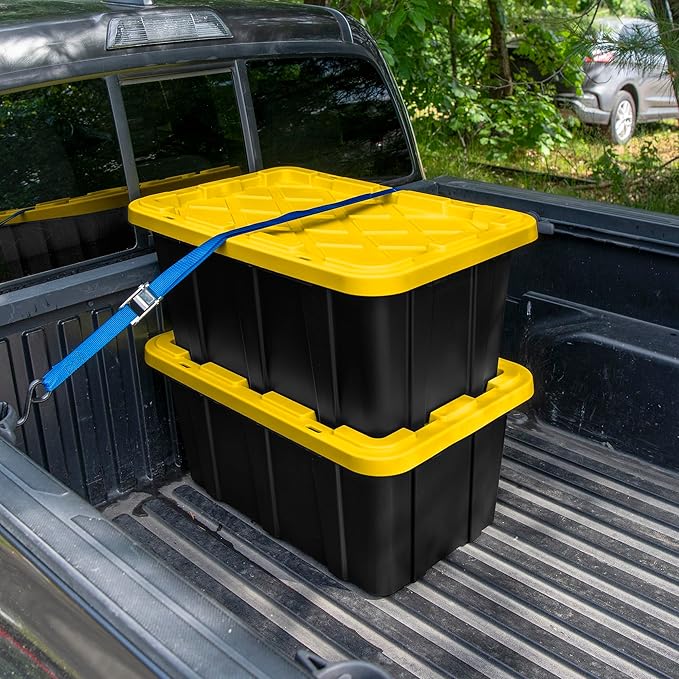 Sterilite 17 Gal Industrial Tote, Stackable Storage Bin with Snap-Fit Lid for Garage, Basement & Attic Storage, Black Base and Yellow Lily Lid, 6-Pack