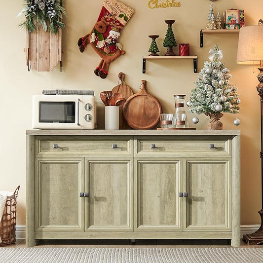 Farmhouse Buffet Cabinet with Storage, 59" Large Sideboard Credenza with Adjustable Shelves & 4 Doors, Wood Rustic Kitchen Coffee Bar Console for Table Living Room, Natural