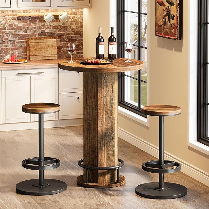 Tribesigns Round Bar Table with Chairs, Industrial Bistro Sets with 2 barstools, Pub Cocktail Table with Metal Ring Footrest for Kitchen Nook, Apartment, Small Space
