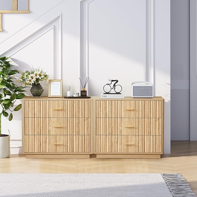 Fluted Dresser for Bedroom with 3 Drawers,31.5"Wide Modern Chest of Drawers with Metal Handle,Large Storage Dresser,Wood Closet Clothes Storage Organizer for Nursery Living Room Hallway,Natural 2 Sets