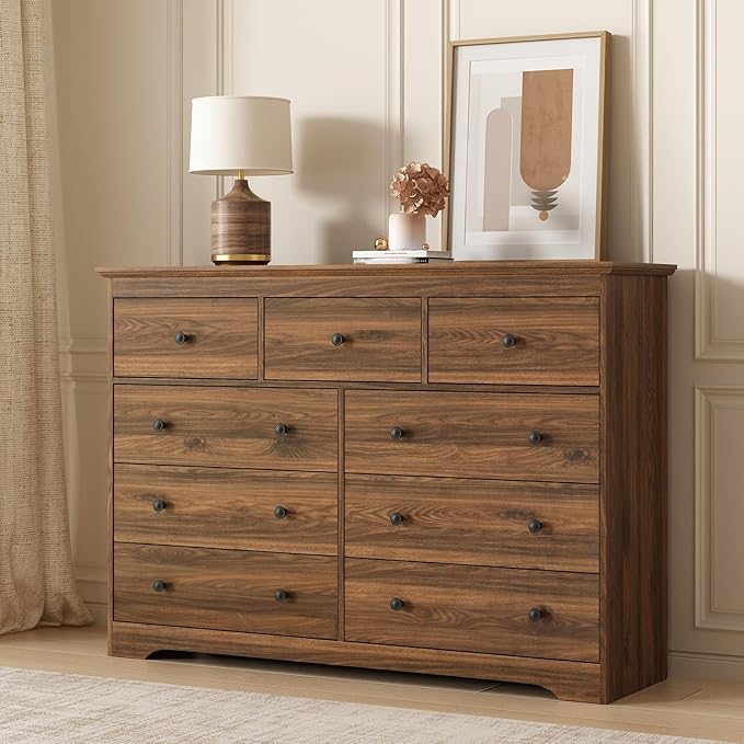 LYNSOM Modern 9 Drawer Dresser, 55.1" Wide Dressers & Chests of Drawers with Large Capacity Storage, Wood Mid Century Storage Dressers Organizer for Bedroom, Hallway, Brown