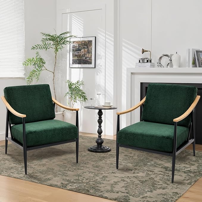 Modern Accent Chairs Set of 2 for Living Room Bedroom Mid Century Arm Chairs Upholstered Office Accent Chairs Comfy Waiting Room Chairs with Metal Frame, Green