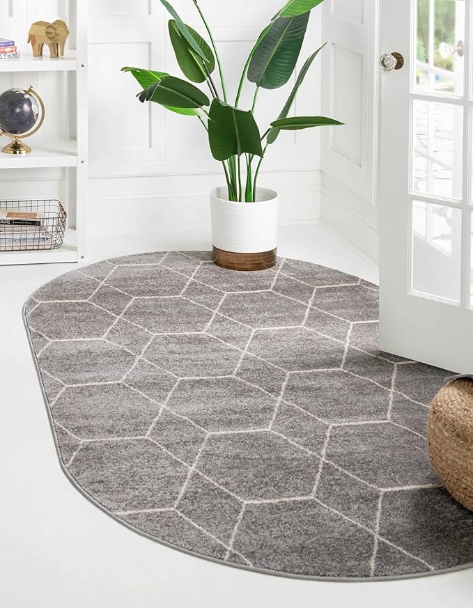 Unique Loom Trellis Frieze Collection Area Rug - Geometric (3' x 5' Oval, Light Gray/ Ivory)