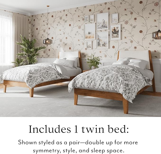 DG Casa Vandermark Solid Wood Easy Install Twin Bed Frame with Unique Headboard and Wooden Slat Support Included No Box Spring Required - Beige Walnut