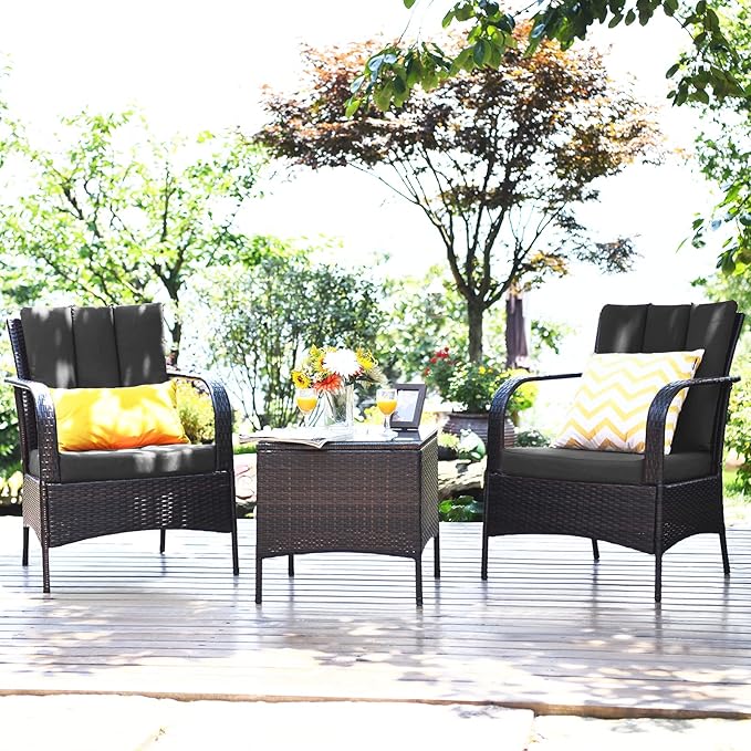 COSTWAY 3 Pieces Patio Rattan Furniture Set, Outdoor Conversation Chair Set with Coffee Table & 2 Cushions for Backyard, Porch, Poolside, Lawn, Garden, Grey