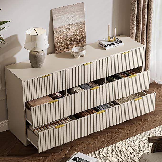 Beige Dresser for Bedroom, 9 Drawer Double Dresser, Modern Chest of Drawers for Bedroom, Living Room, Entryway and Closet, 63" L x 15.7" D x 31.5" H